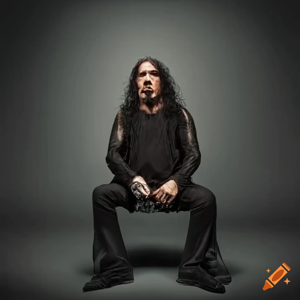 Tom Araya of Slayer deep in thought, full-body portrait