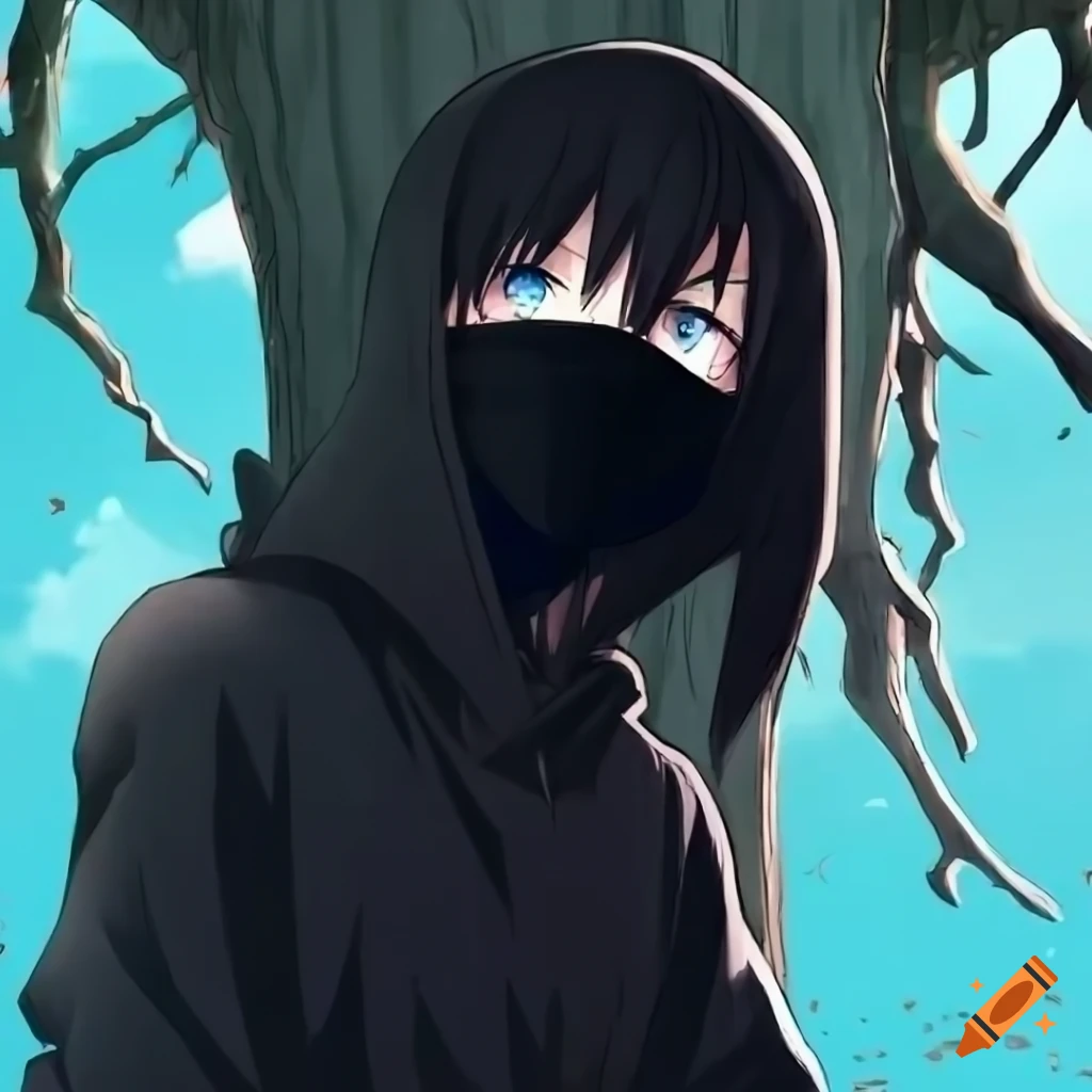 Anime boy in black hoodie leaning against a tree