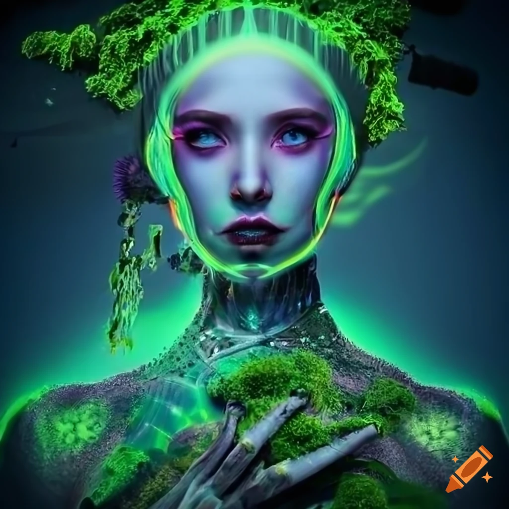 Glowing biopunk cityscape with green moss, plants, mushrooms, and cyborg goddesses