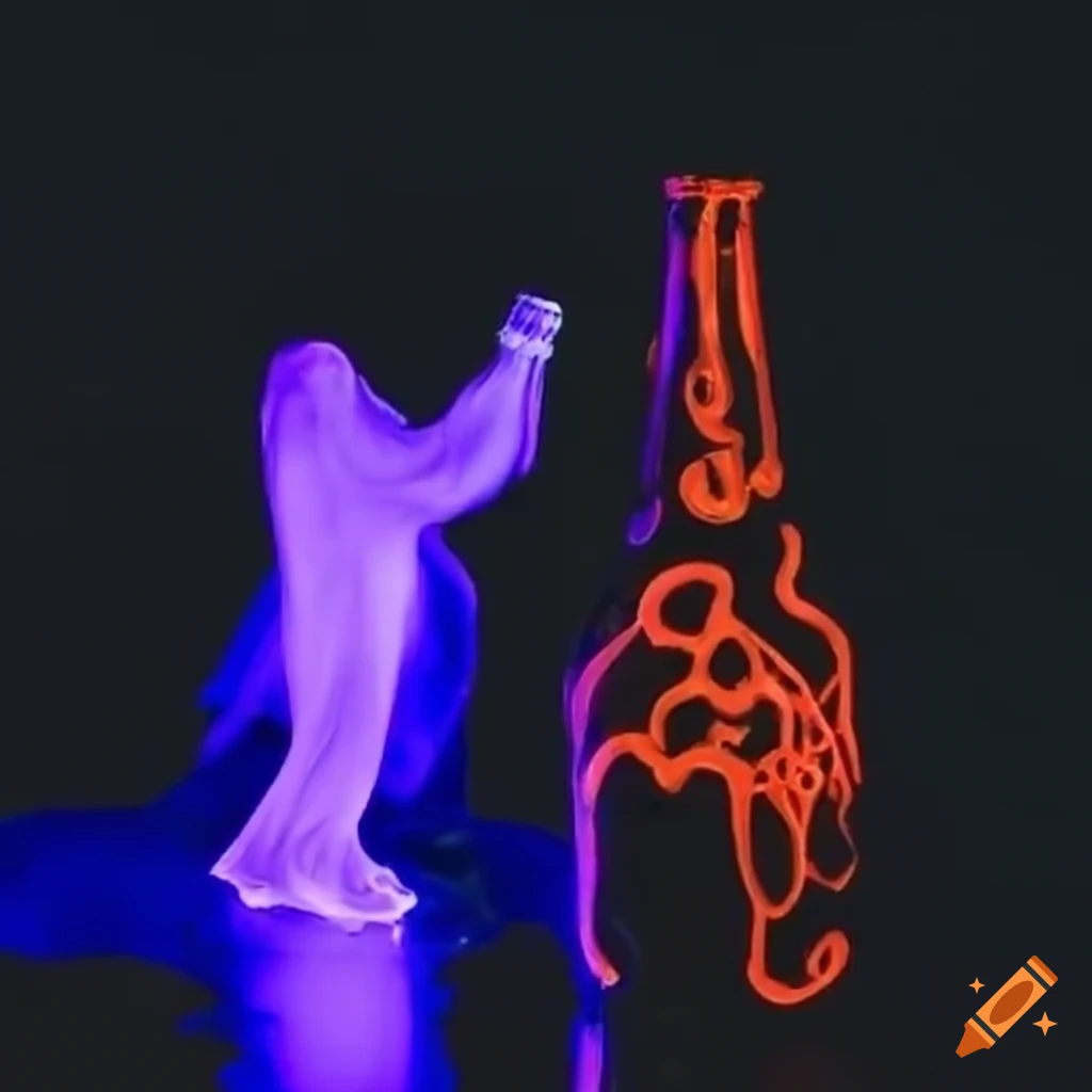 Glowing fluorescent ghost drinking from a beer bottle at night