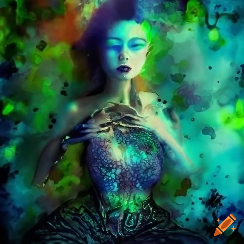 Biopunk cityscape with green moss, plants, mushrooms, and cyborg mermaid goddesses