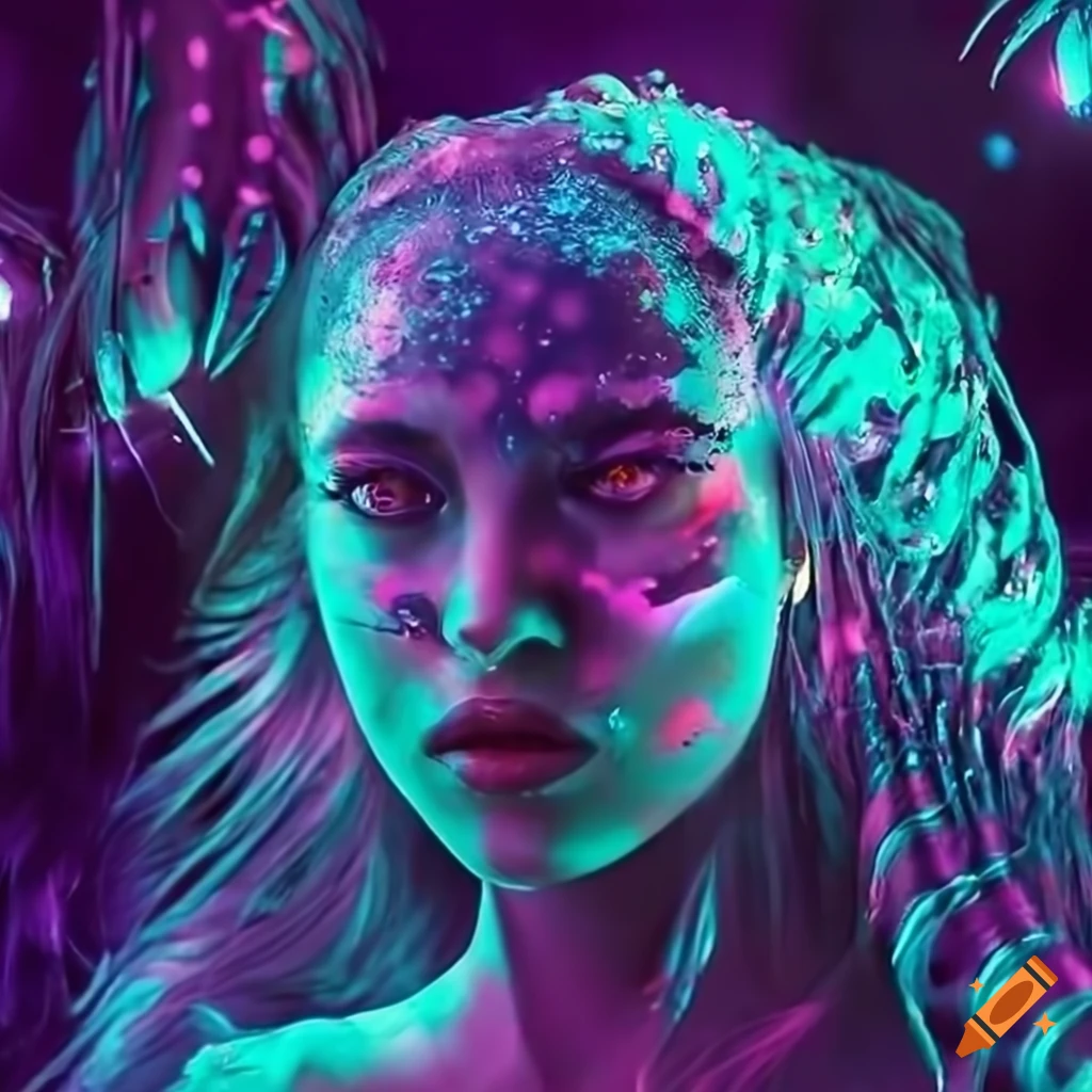 Glowing biopunk cityscape with moss, plants, mushrooms, crystals, and cyborg goddesses