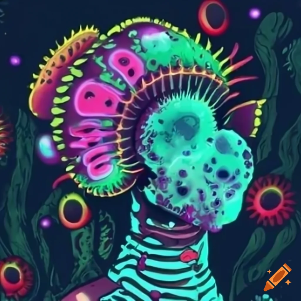 Glowing biopunk Venus flytrap creature in a moss-covered cityscape with cybernetic technology
