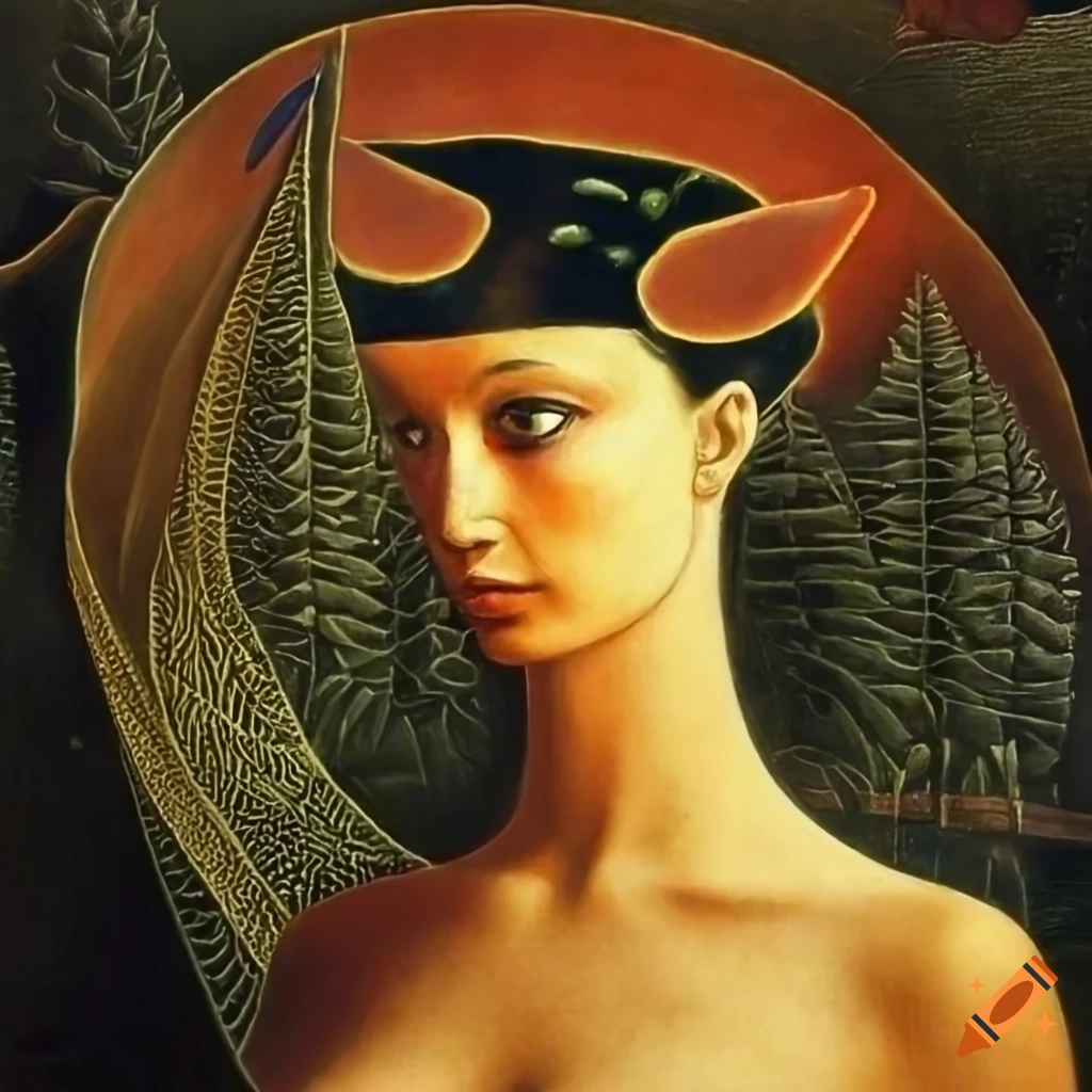Surrealist painting with women, tree, and Science Fiction elements