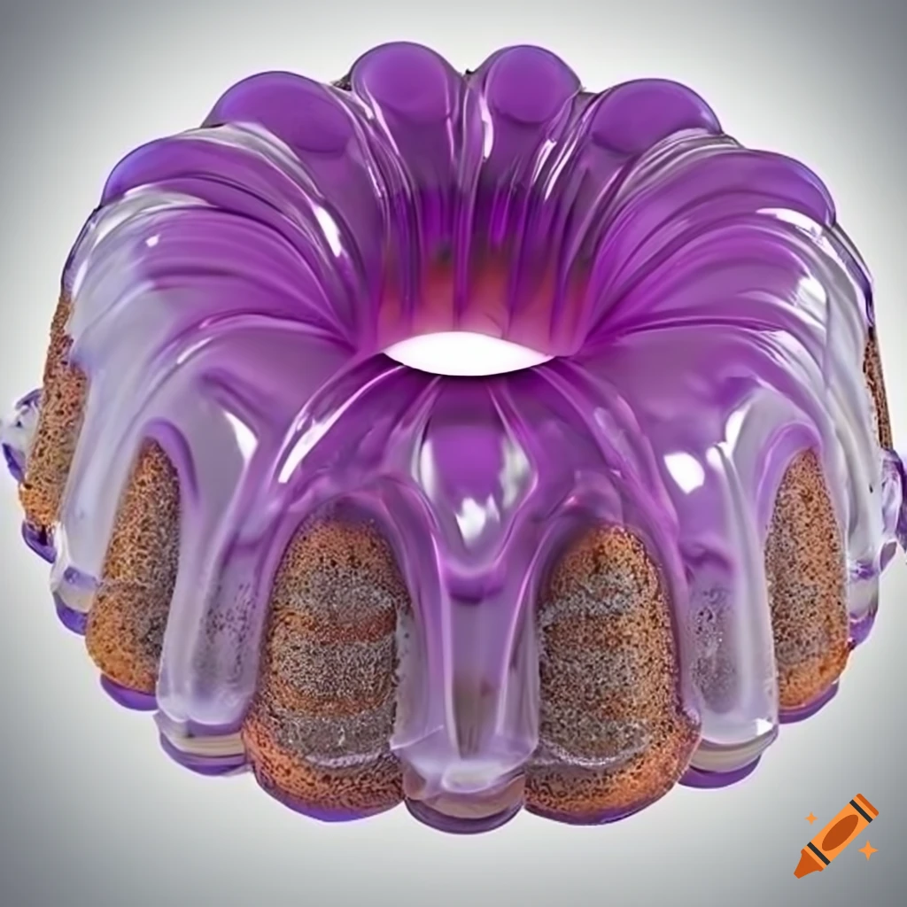 Transparent lilacolored jello bundt cake with shining glaze on Craiyon
