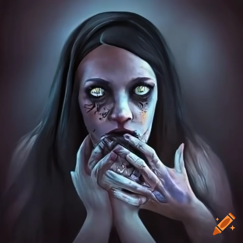 Woman holding head in hand in a paranormal setting