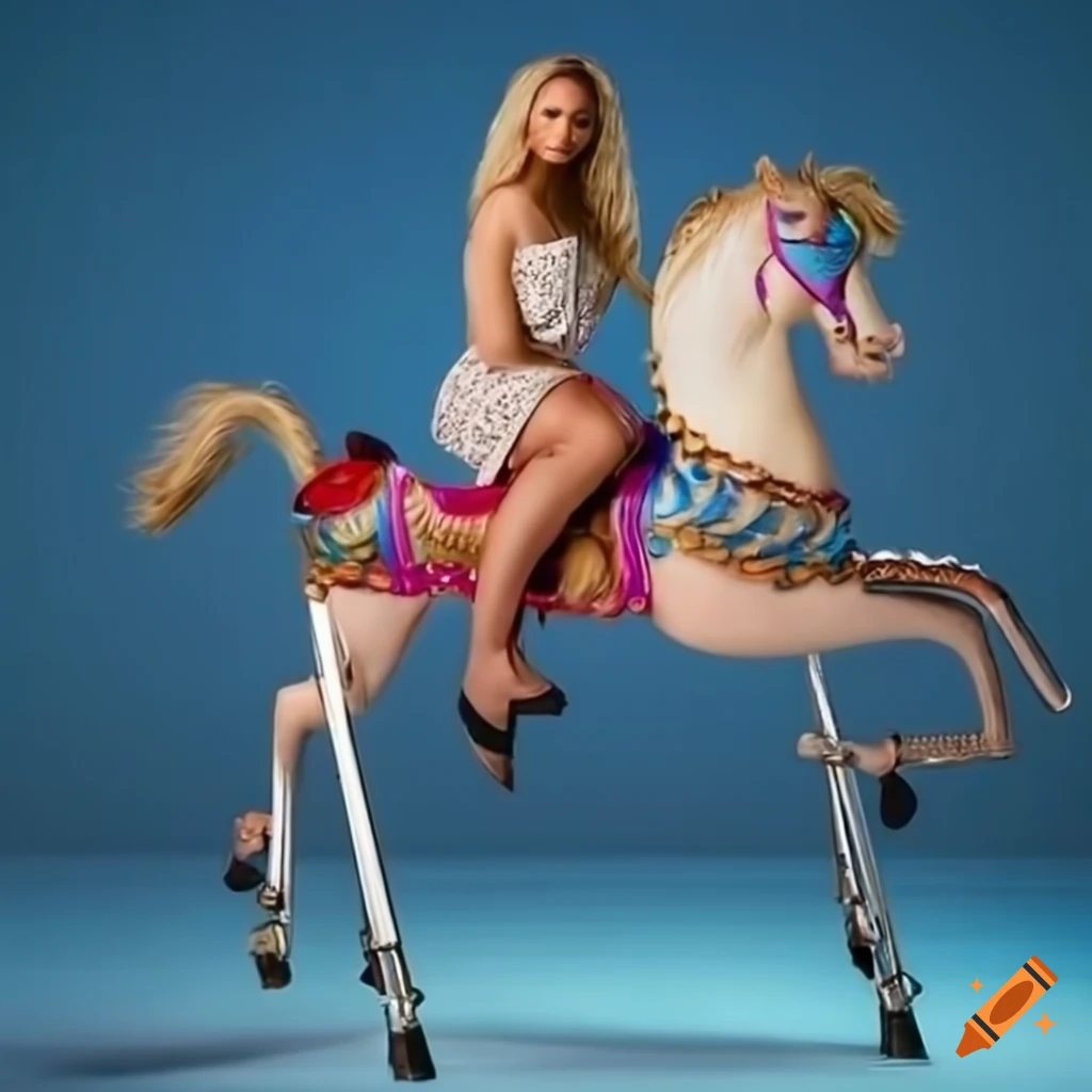 Beyoncé with long blonde hair on a carousel horse with a blue gradient background