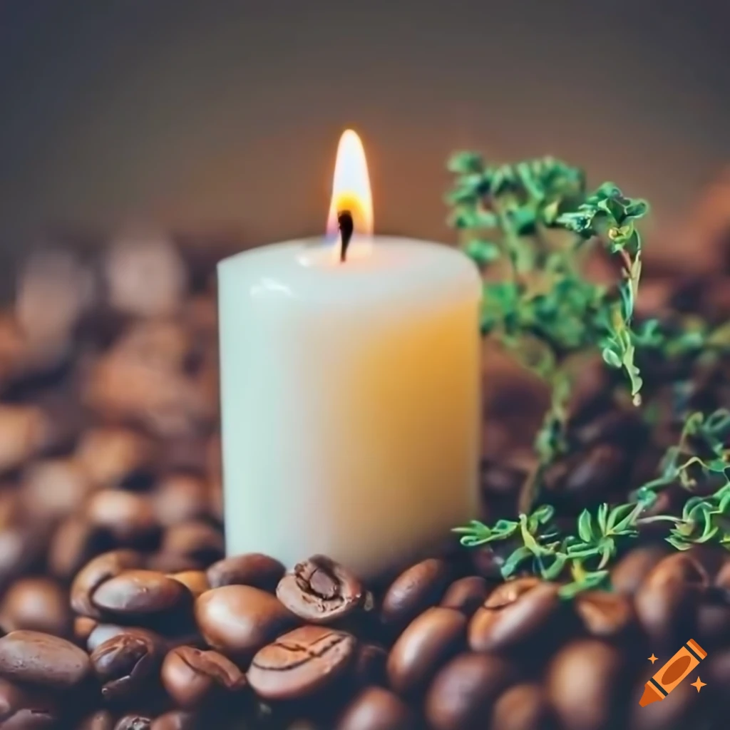 Lit white candle with thyme and coffee beans