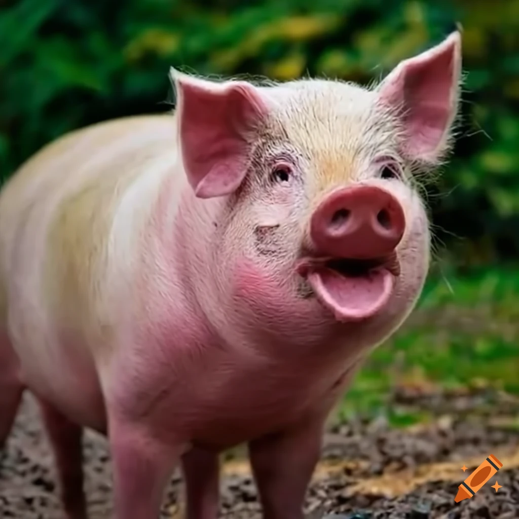 Endearing and playful garden pig from the side