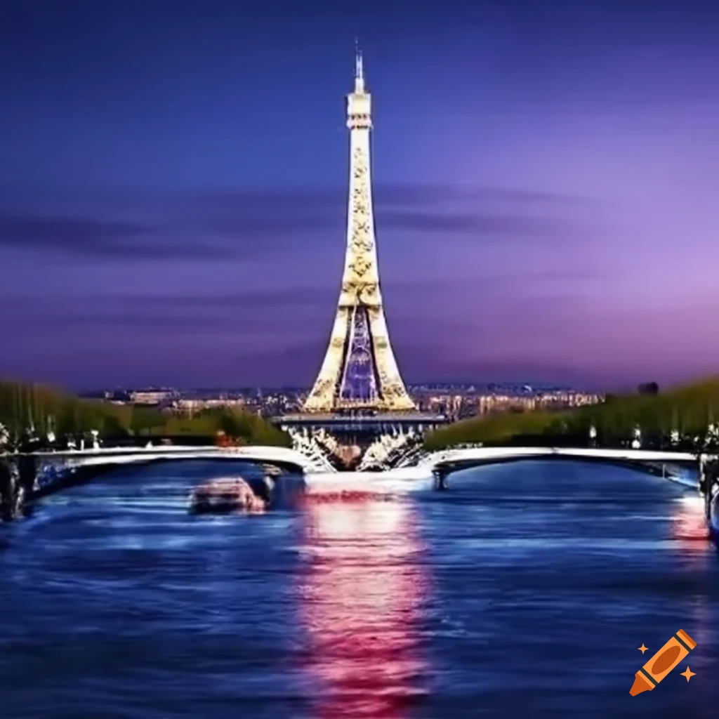 Poster for the 2024 Olympics in Paris with the Seine passing below the Eiffel Tower and all the logos