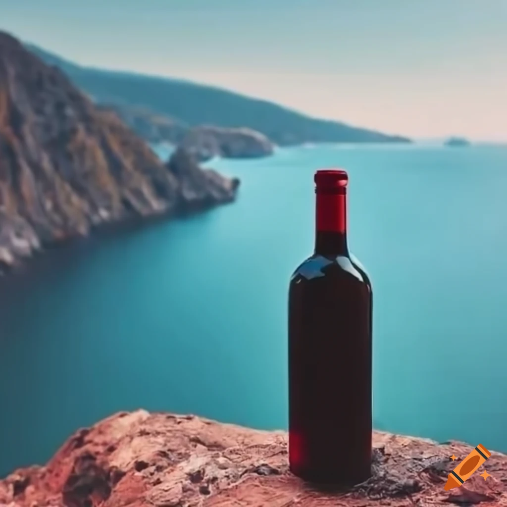 Red wine bottle on a cliff overlooking the sea on Craiyon