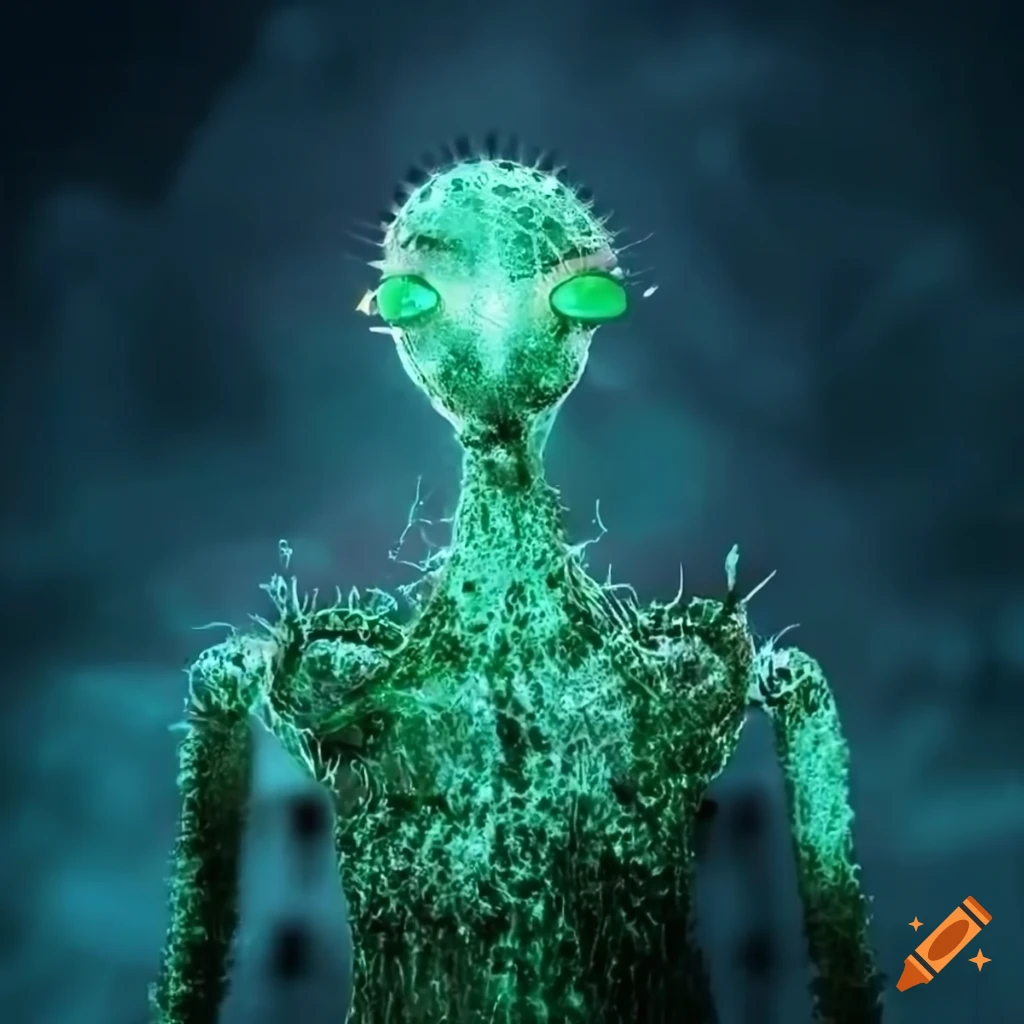 Glowing biopunk Venus flytrap creature in a moss-covered cityscape with cybernetic technology