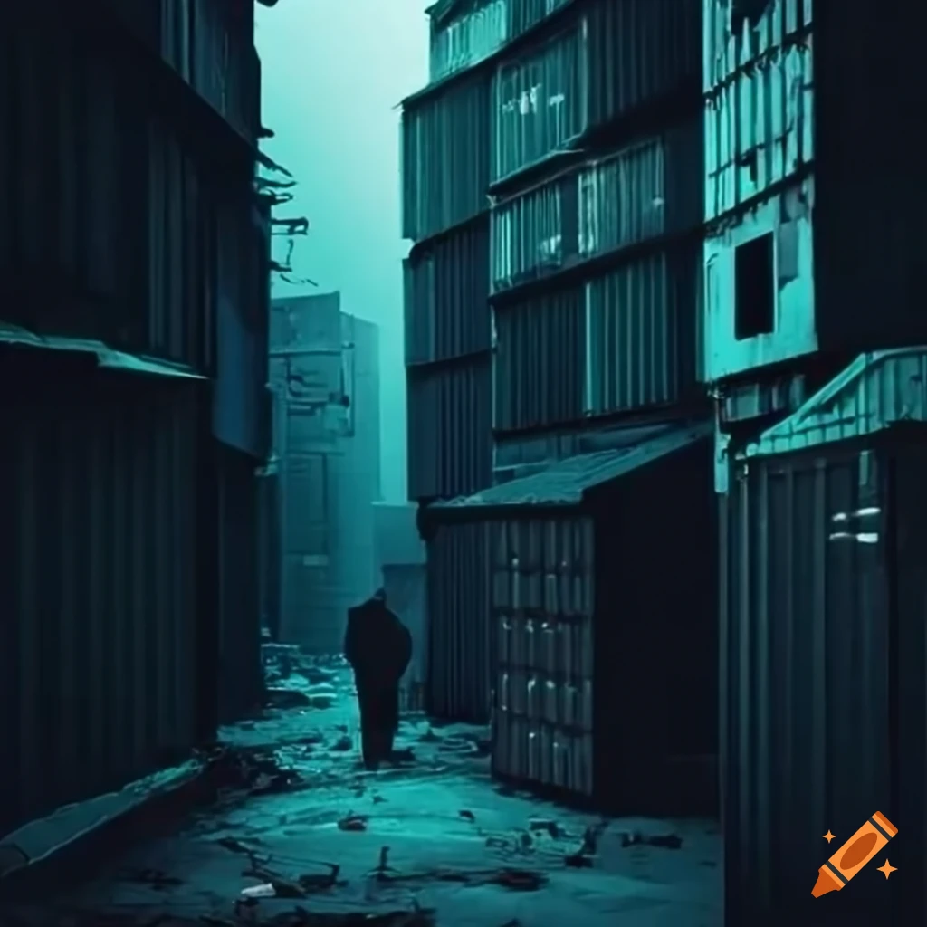 Gritty and dark noir scene of a slum with stacked shipping containers