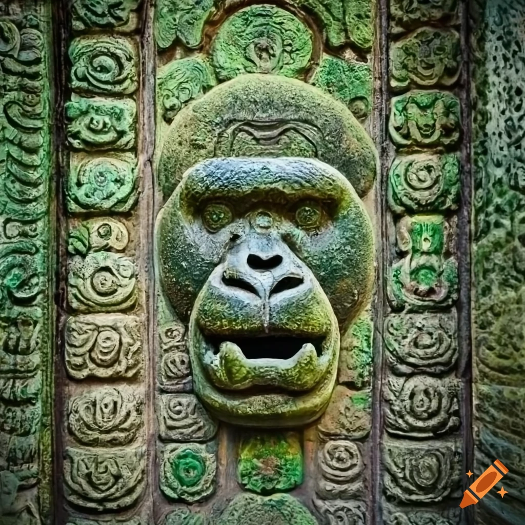 Ancient Etruscan stone carved temple door with gorilla face and symbols ...
