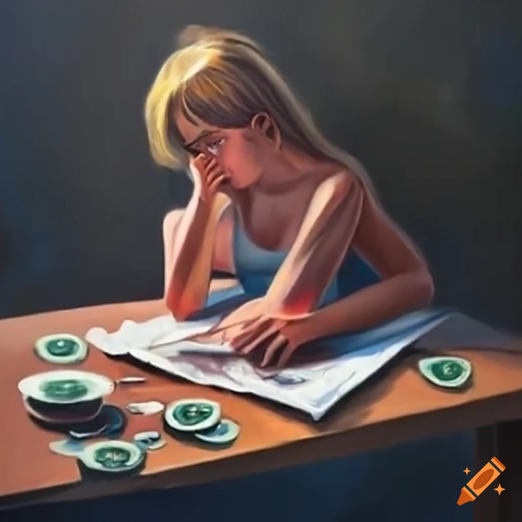 Girl spilling ink over table with paper and money