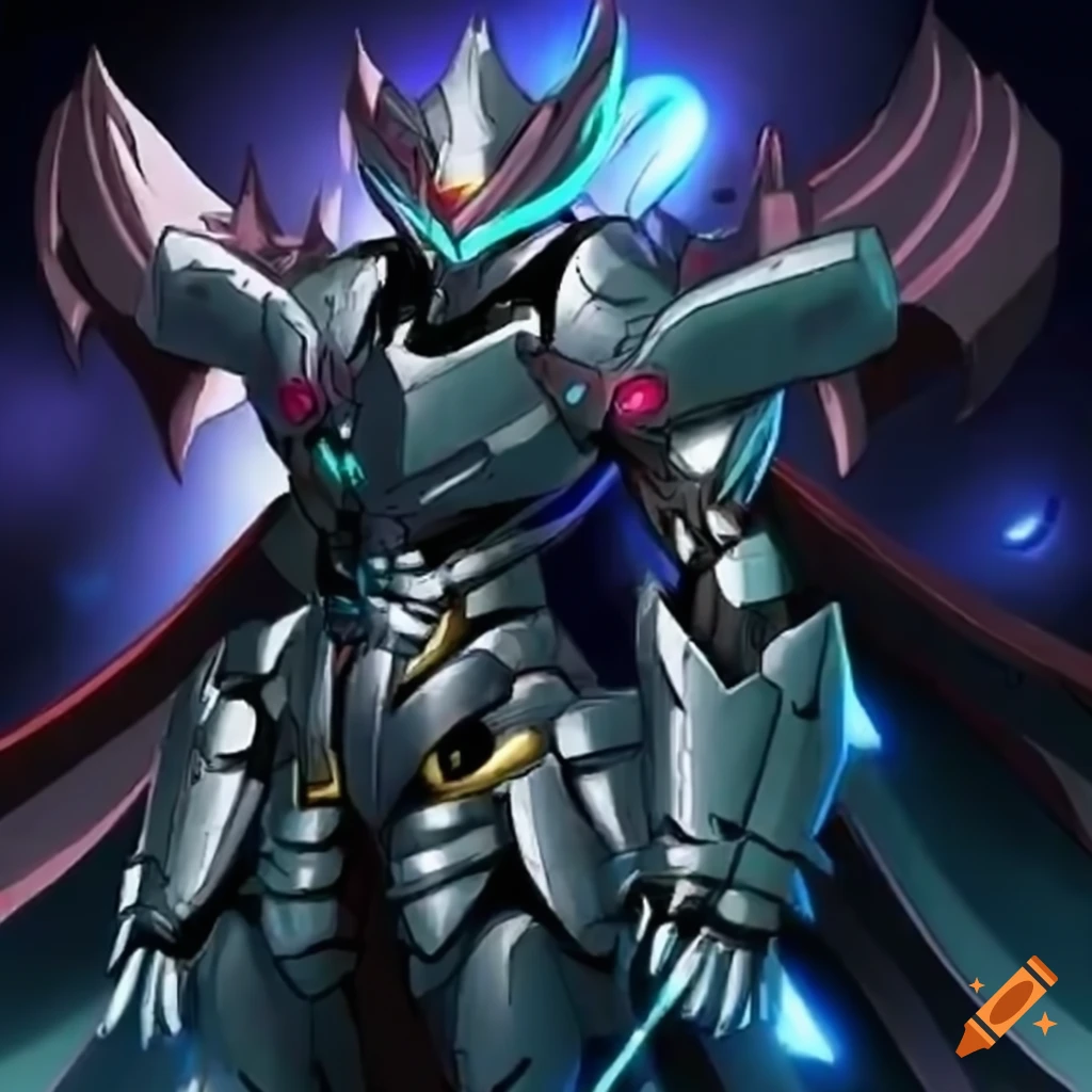 Mega-armored knight mecha inspired by Digimon in an anime style