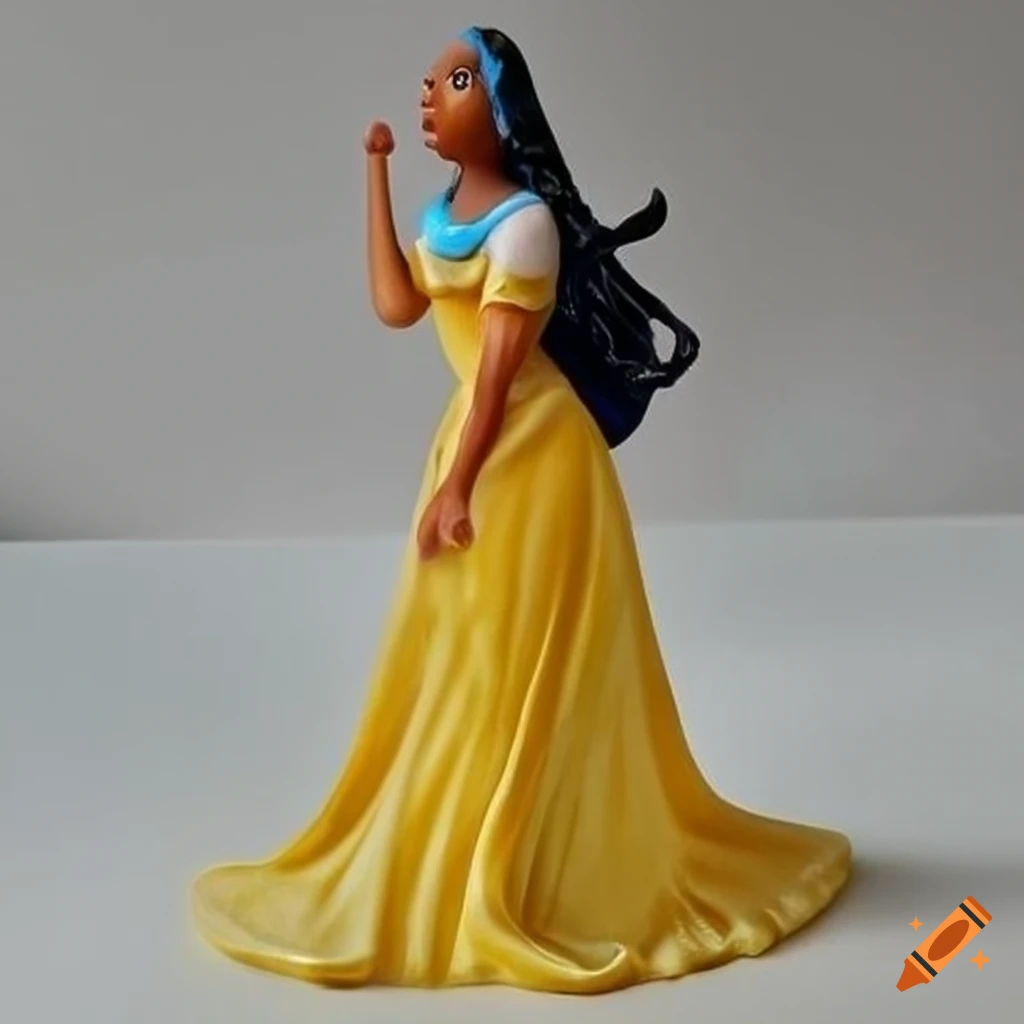 Resin figure of Pocahontas in yellow silk dress with blue lines
