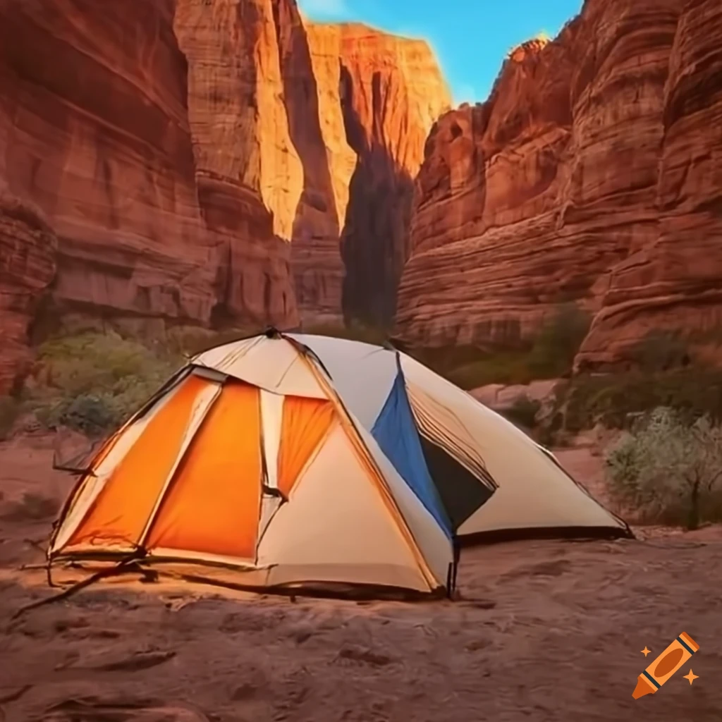 Campsite next to a stone by a canyon