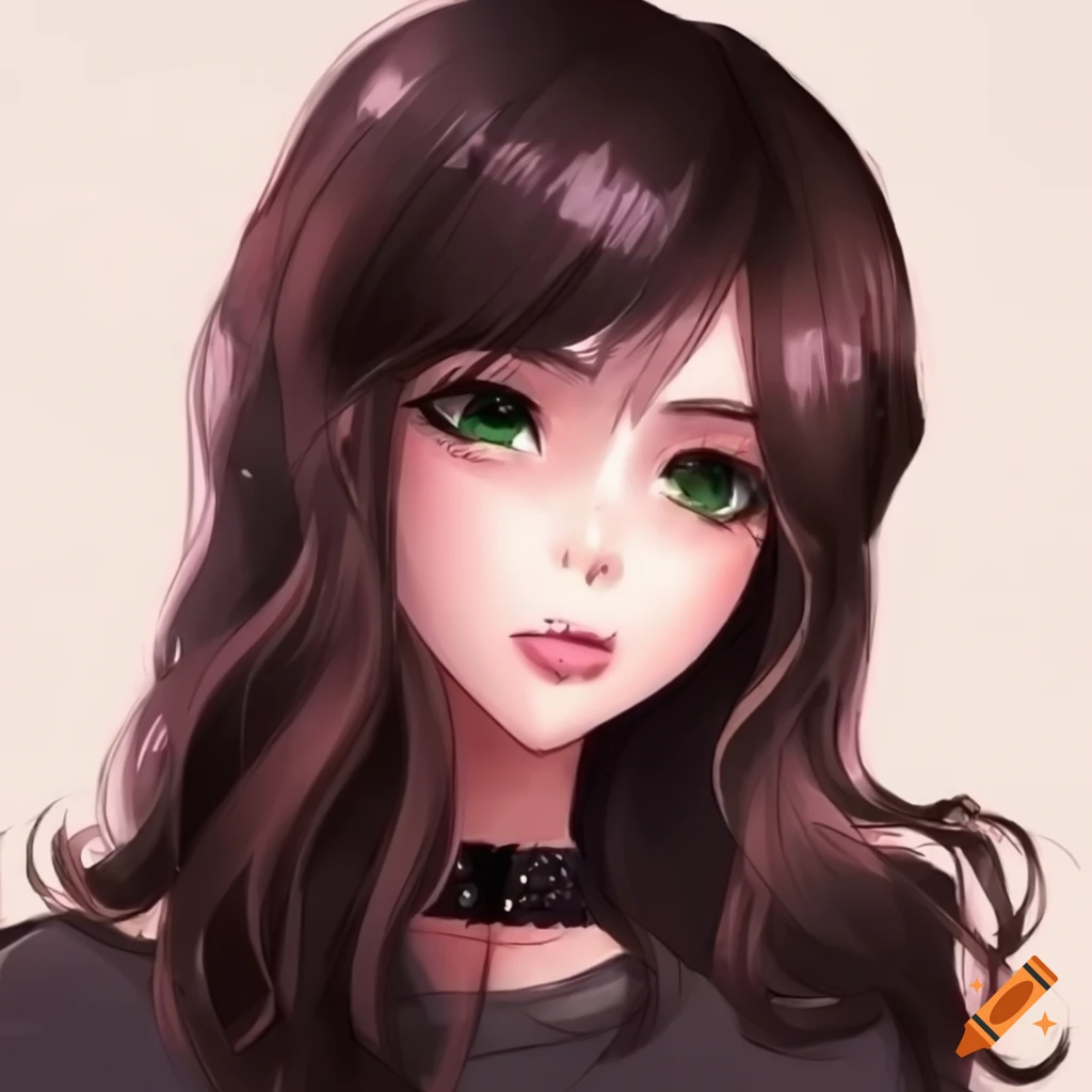 Anime girl with brunette hair glossy lips and no nose on craiyon