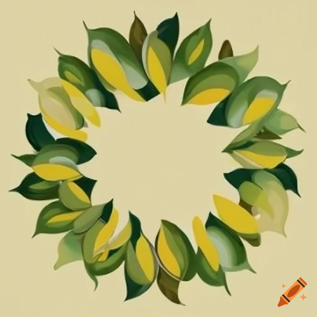 Circle of olive green and yellow leaves on a white background