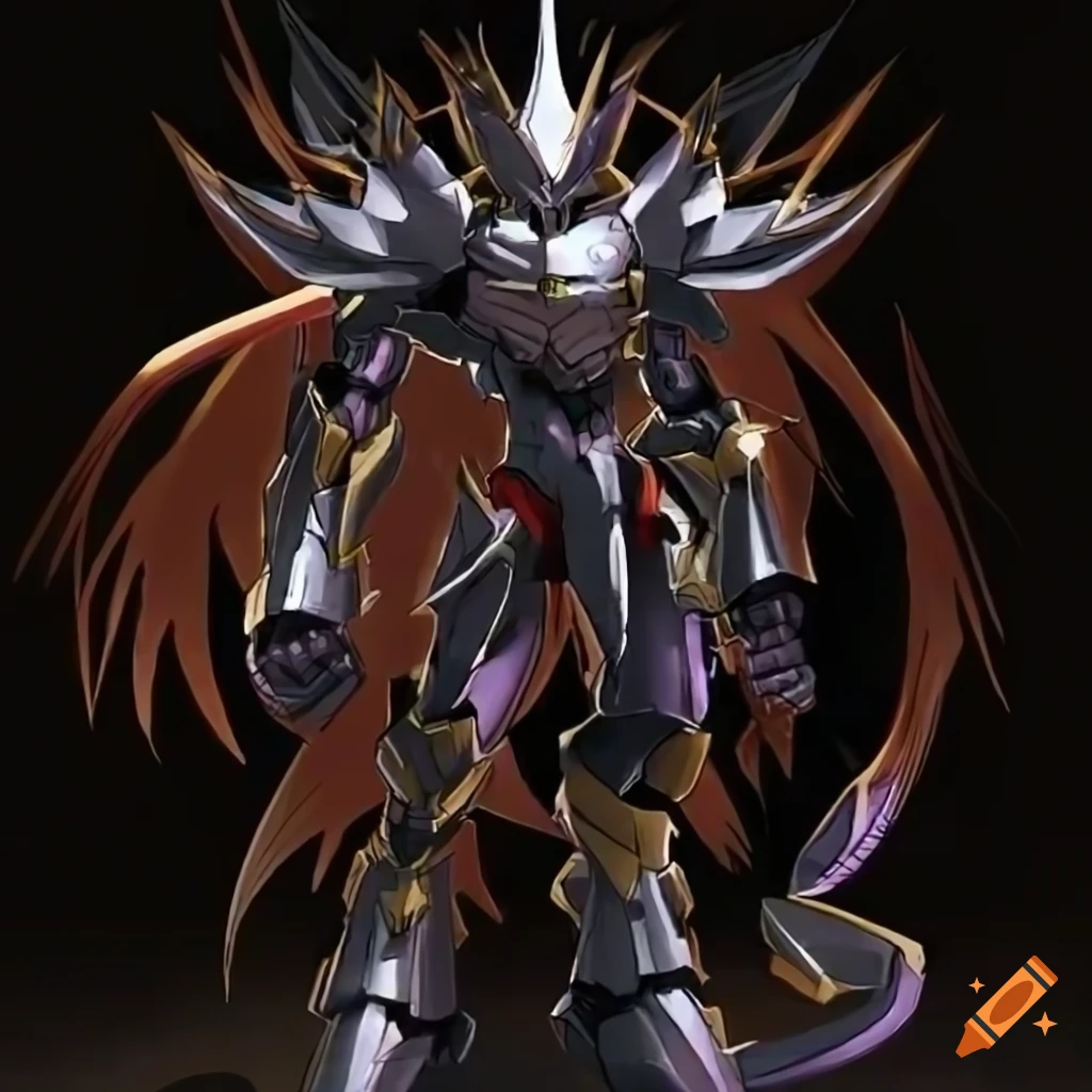 Mega-armored knight mecha inspired by Digimon in an anime style