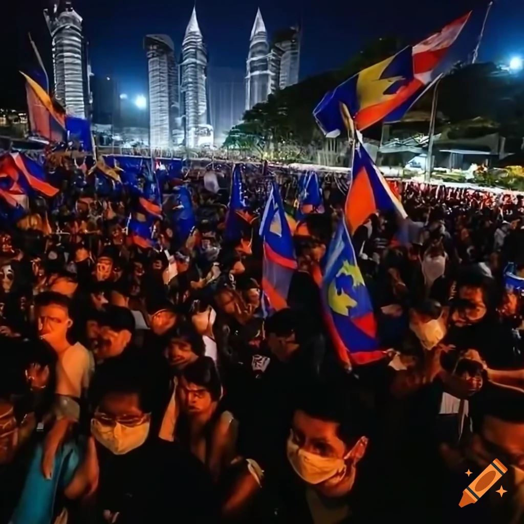 Crowd protesting in Kuala Lumpur at night with Malaysian and Barisan Nasional flags