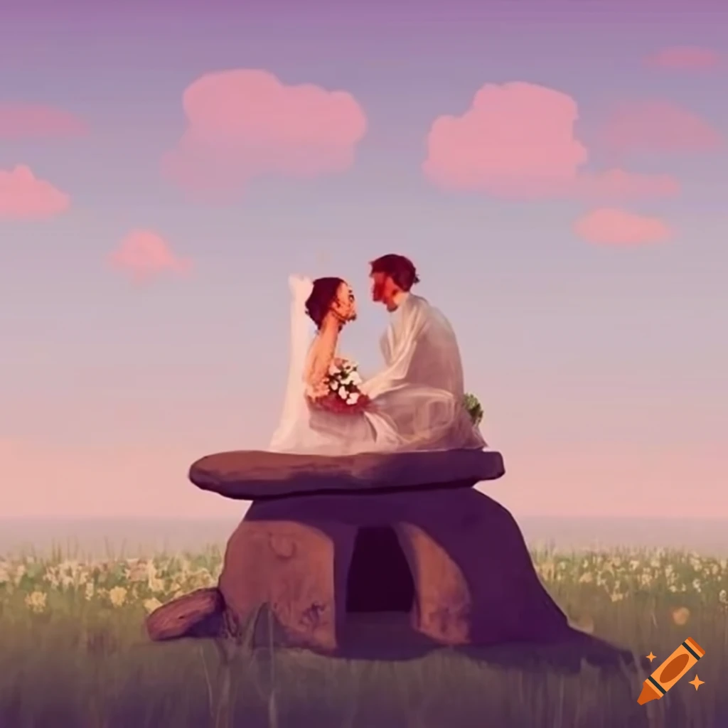 Bride and groom sitting on a dolmen in a meadow with flowers