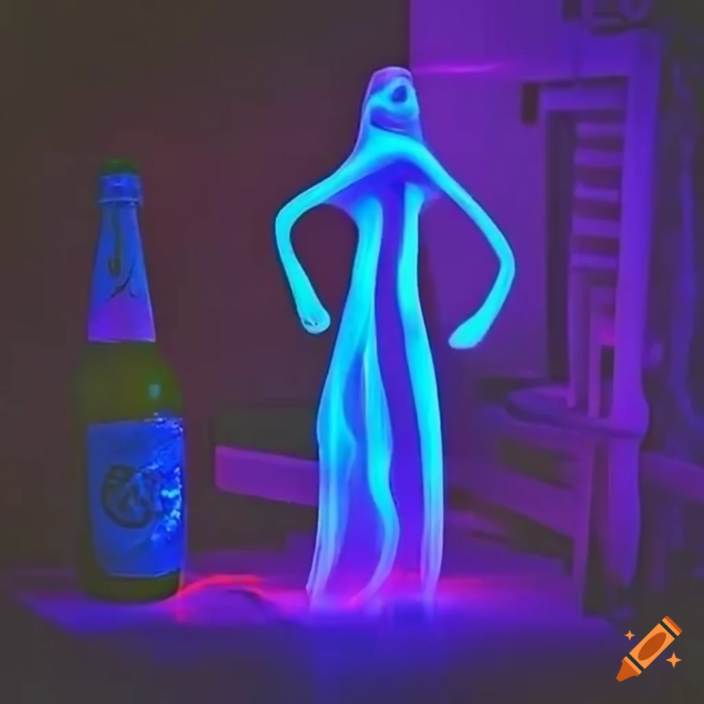 Glowing fluorescent ghost drinking from a beer bottle at night
