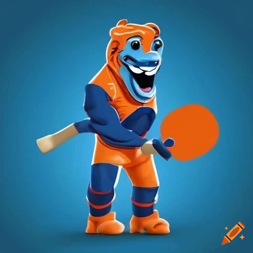 Sports mascot in the shape of a navy blue and orange pickleball paddle