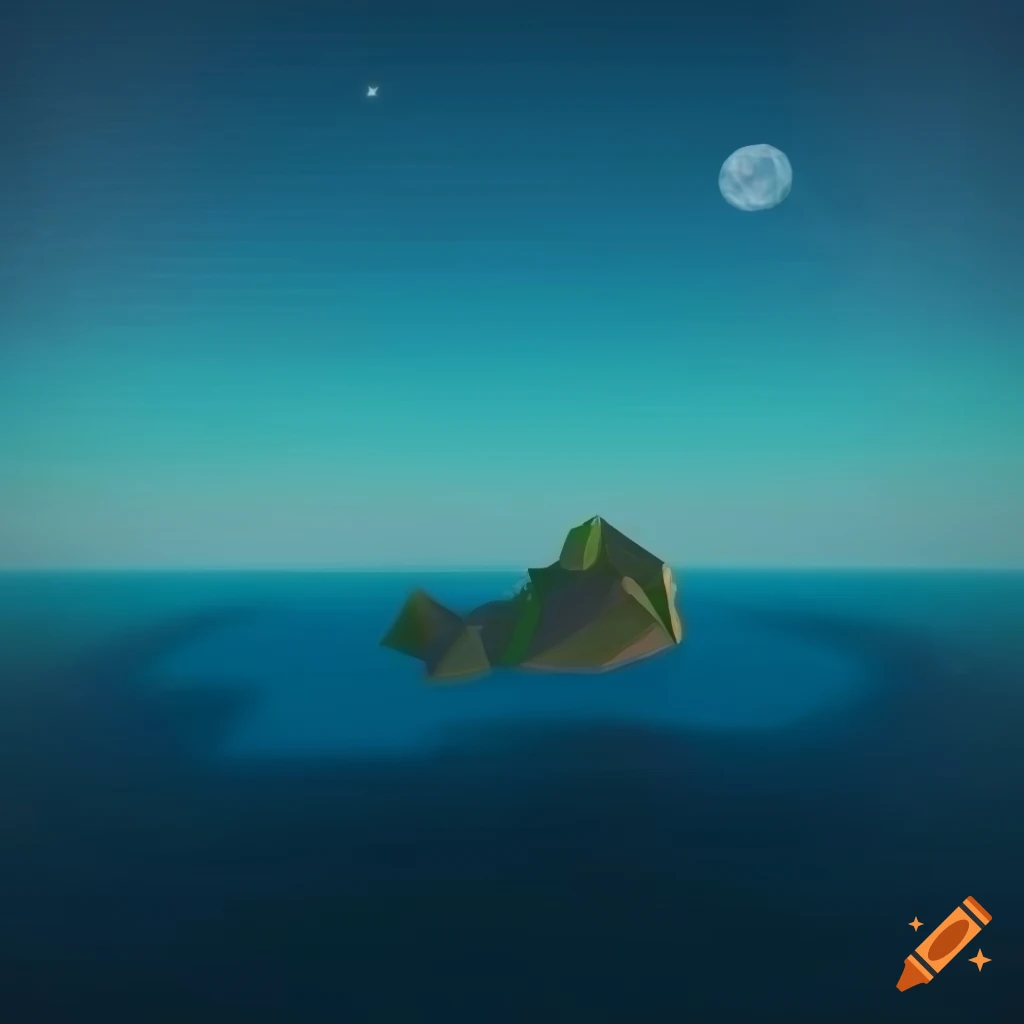 Low polygon coastline and ocean with sun and moon in the sky
