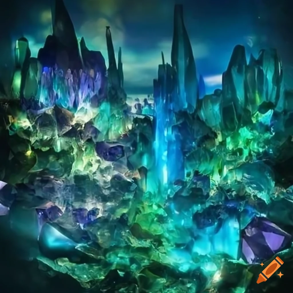 City made of blue and green gem crystals