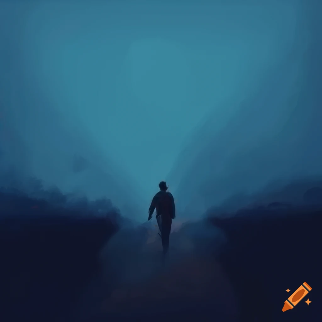 Man walking in field under navy blue evening sky