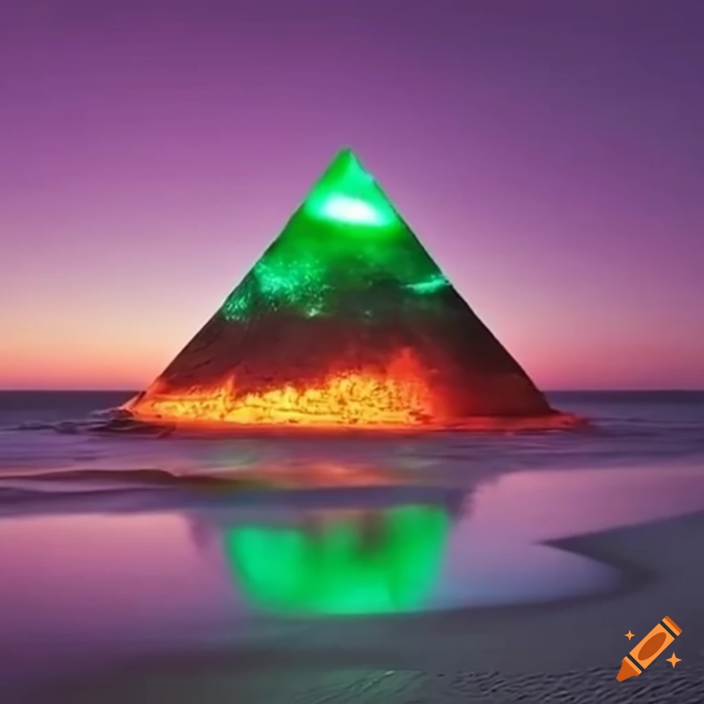 Giant glowing green pyramid on a scarlet sand beach