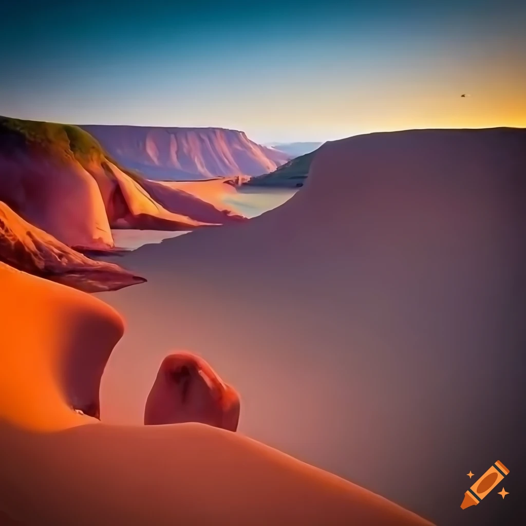 Couple in loose, flowing clothes on a sandy beach looking at a surreal landscape