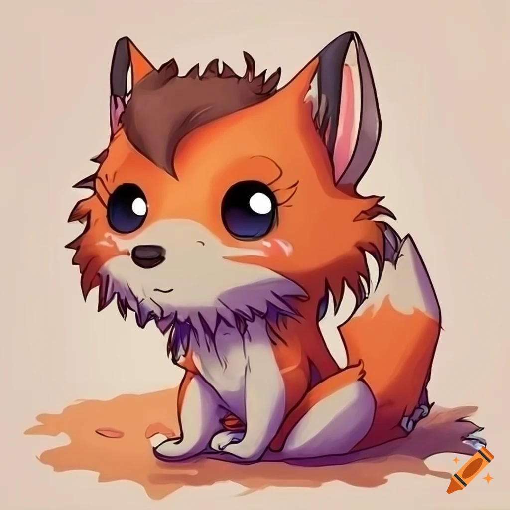 Whimsical artwork of a cute fox crossing over with a playful werewolf-like creature in a kawaii style