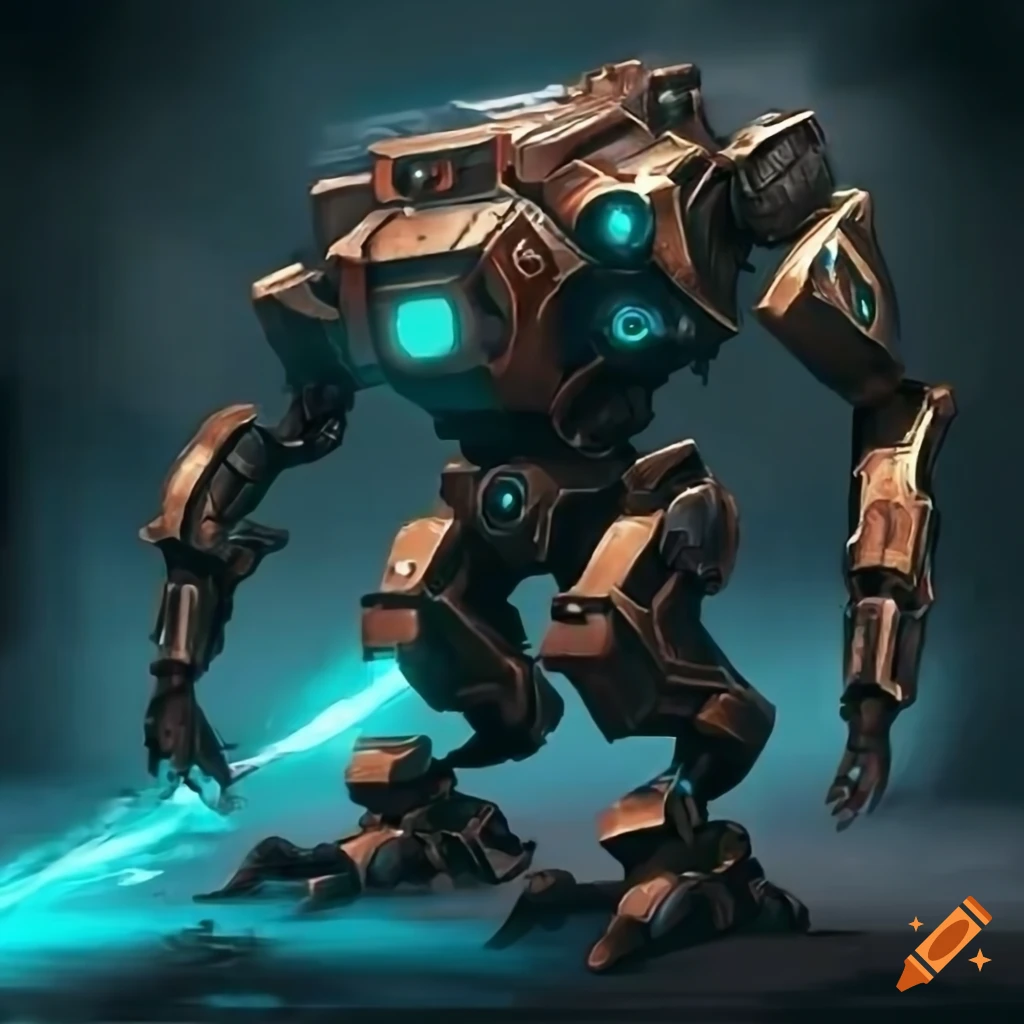 Detailed magic-infused mech in a dark, moody setting