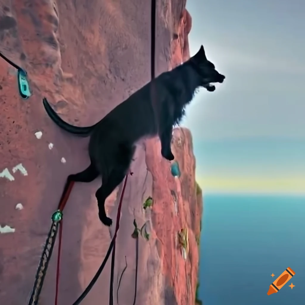 Black dog and cat lead climbing together in a gym on a 6a grade route with pink climbing rope