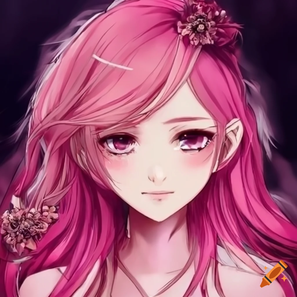 Anime girl with pink hair and pink eyes dressed for a fancy prom