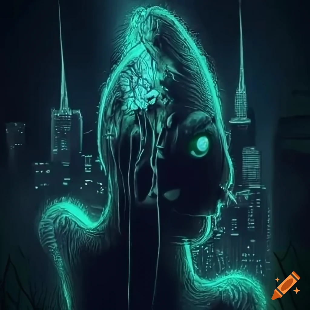 Glowing biopunk Venus flytrap creature in a moss-covered cityscape with cybernetic technology