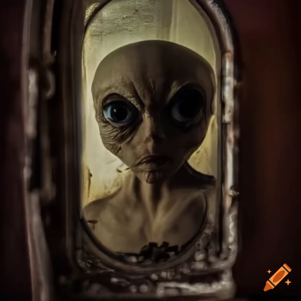 Alien in a dilapidated room standing in front of a mirror