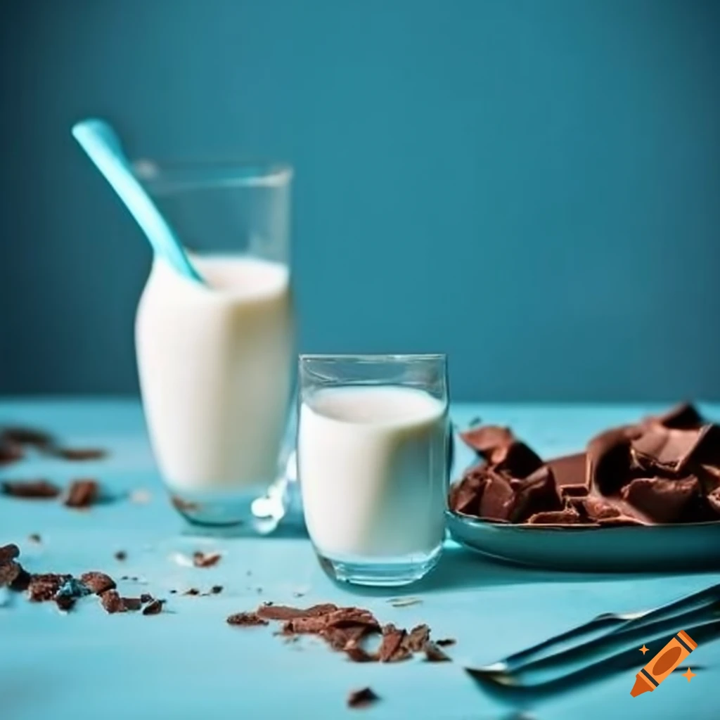 Serene table setting with chocolate crumbs and a glass of milk