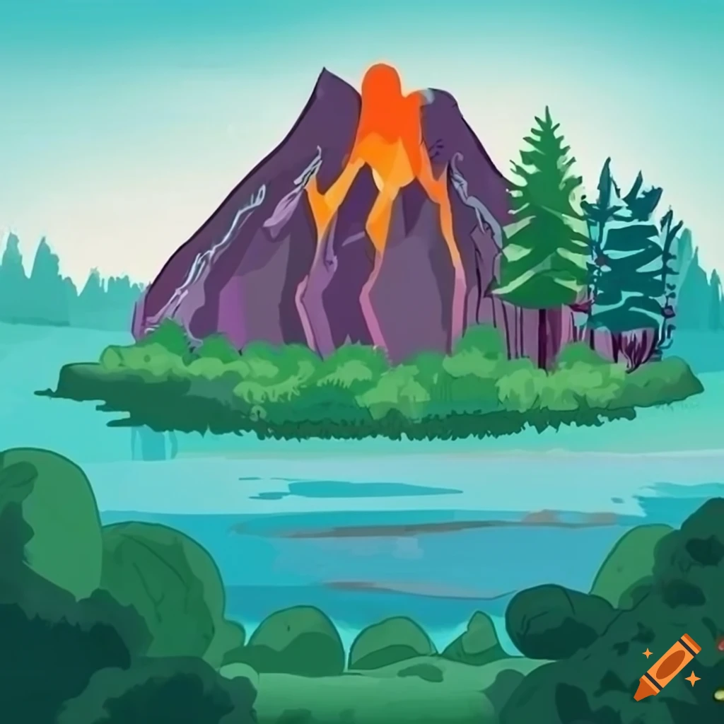 Dragon landscape with cold breath and spiked back in colorful clipart style