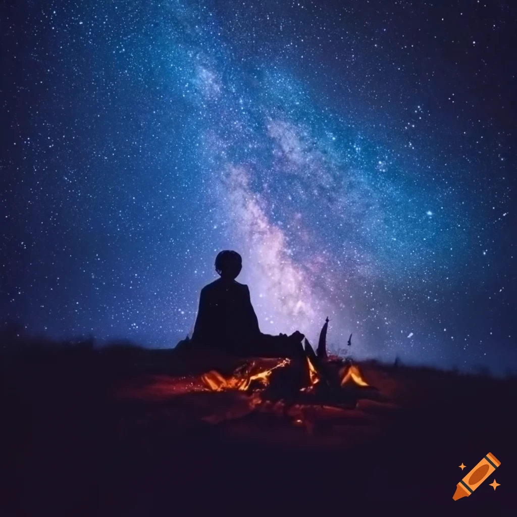 Person sitting under starry night sky with possibly a campfire on Craiyon