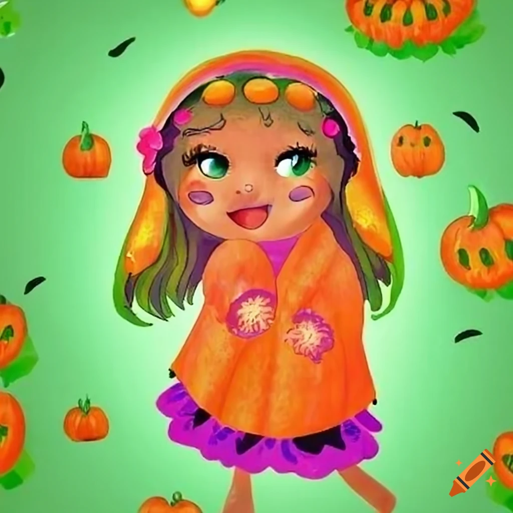 Character description: Lindsay, youthful and spirited with vibrant orange robes and playful pumpkin adornments
