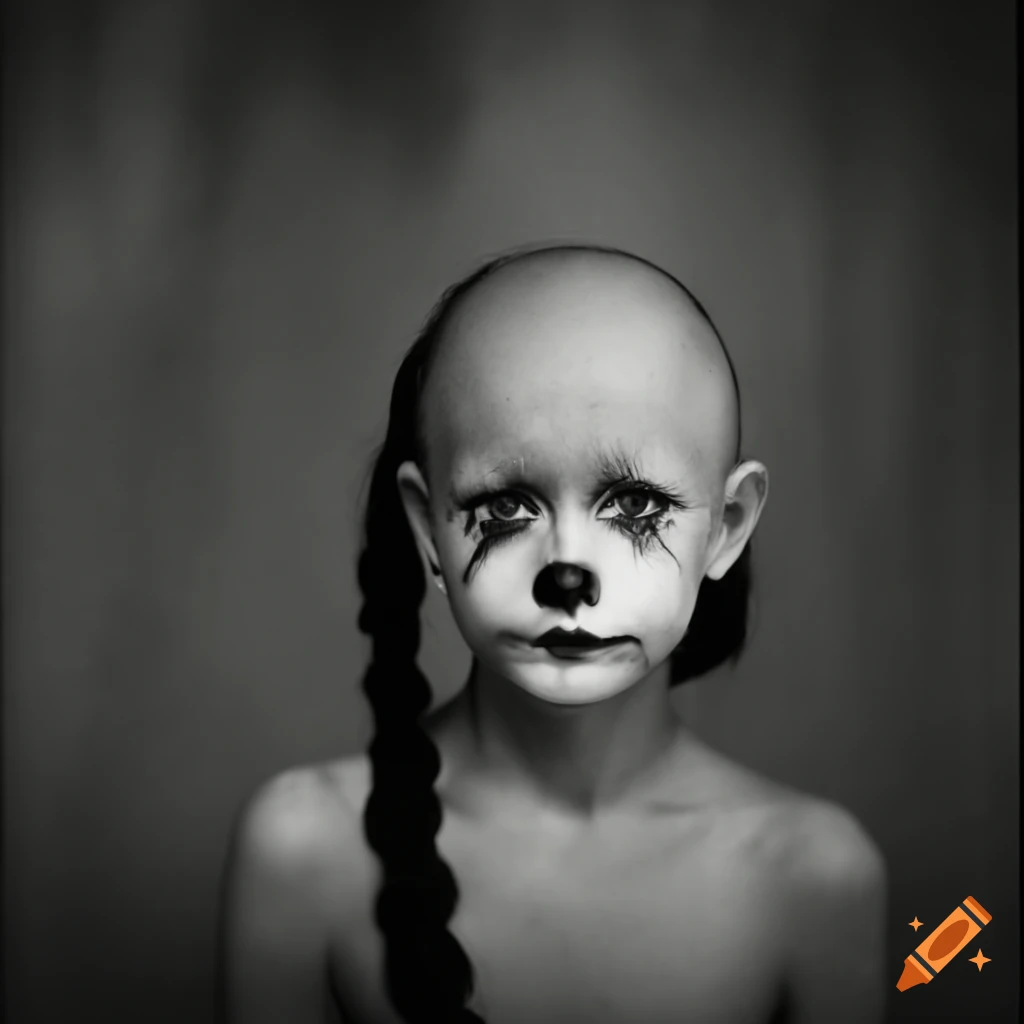 Bald clown mime girls in the style of Sally Mann photography