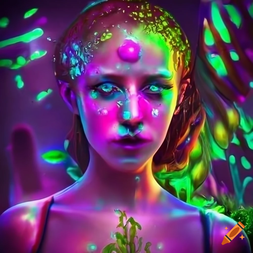 Biopunk cityscape with green moss, plants, mushrooms, and cyborg mermaid goddesses