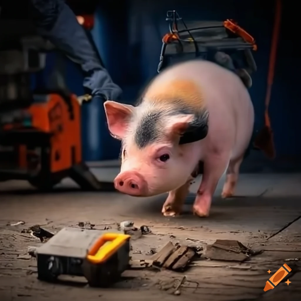 Miniature pig in overalls exploring a robot mechanic's toolbox