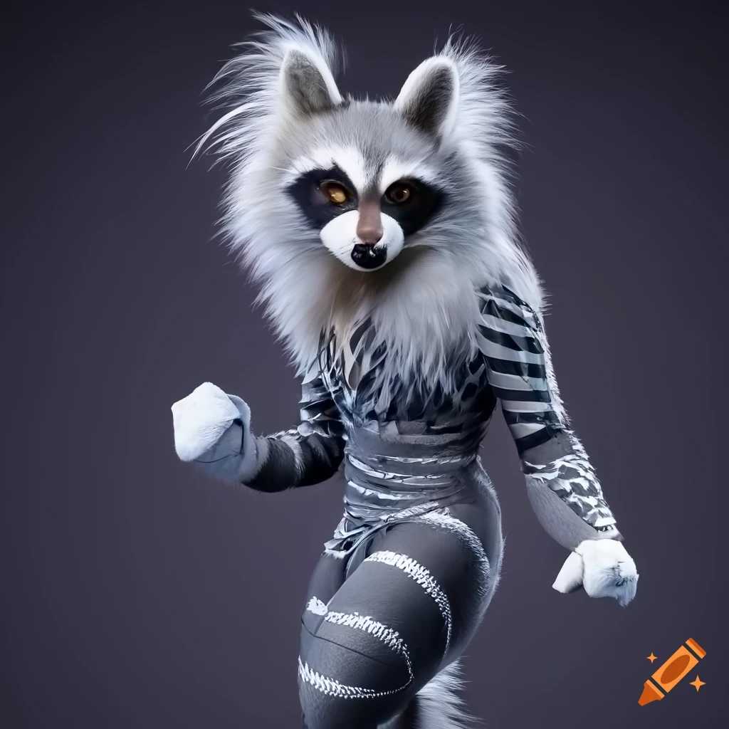 Male anthro furry raccoon in a black and white jester suit