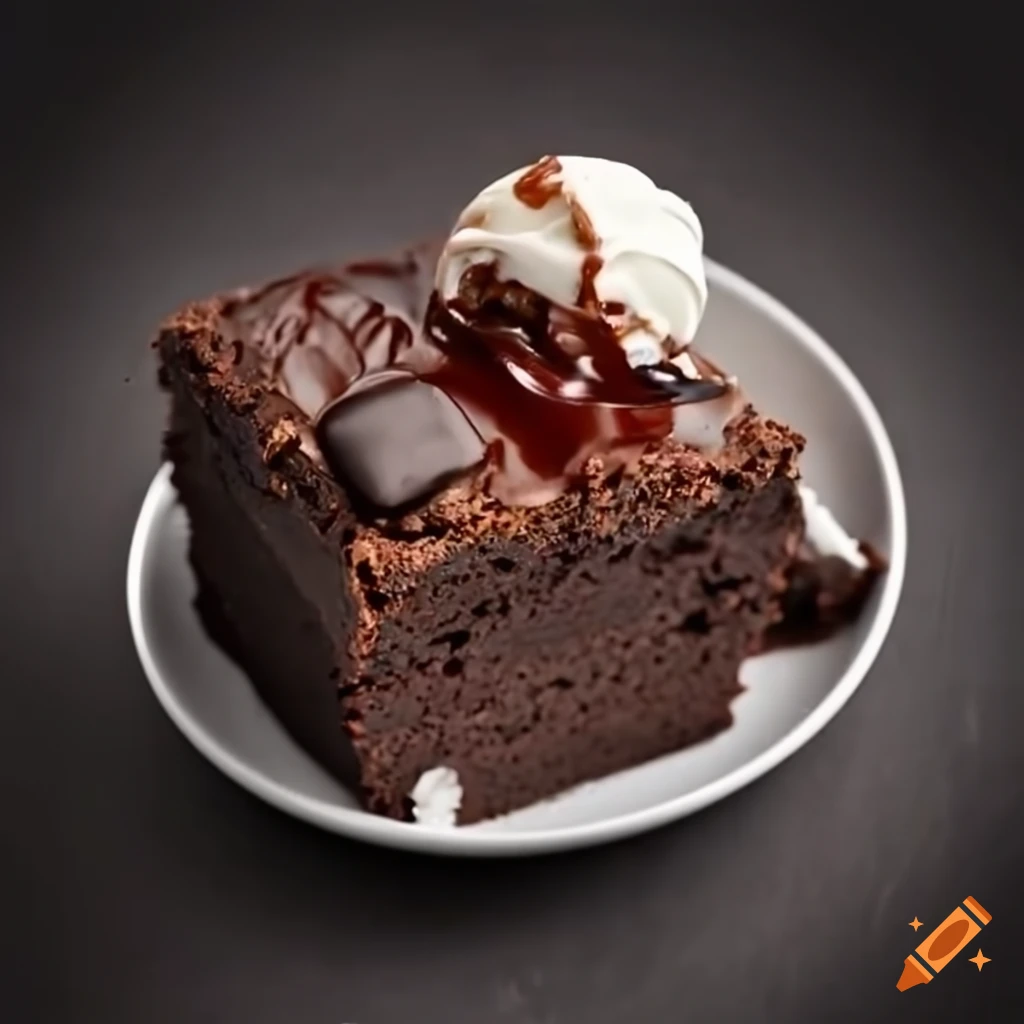 Delicious hot brownie topped with cold ice cream on Craiyon