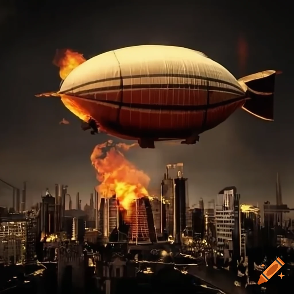 Steampunk airship attacking burning city